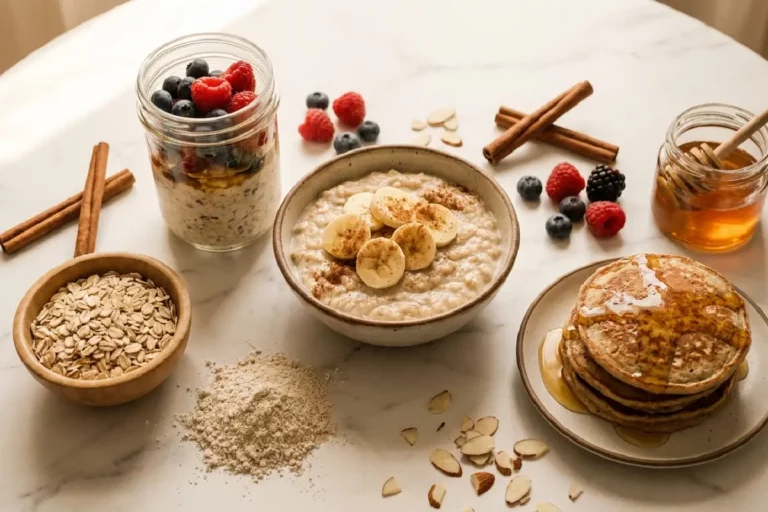 Tigela de overnight oats com aveia em flocos, frutas vermelhas e mel — benefícios da aveia e como consumir