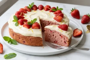 Bolo de morango fit sem açúcar inteiro com cobertura de iogurte branca e morangos fatiados em espiral, com fatia retirada revelando miolo rosado e fofinho com pedaços de morango, sobre mármore branco.