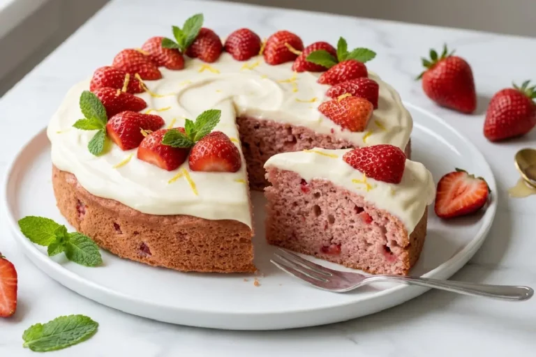 Bolo de morango fit sem açúcar inteiro com cobertura de iogurte branca e morangos fatiados em espiral, com fatia retirada revelando miolo rosado e fofinho com pedaços de morango, sobre mármore branco.