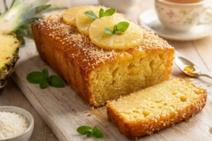 Bolo fit de abacaxi molhadinho sem açúcar em formato inglês sobre tábua de madeira clara, com superfície brilhante de calda de abacaxi, coco tostado e rodelas de abacaxi fresco, com fatia revelando miolo amarelo-dourado e úmido.