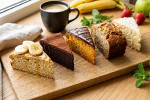 Cinco fatias de bolos fit diferentes sobre madeira clara — bolo de banana com aveia, bolo de chocolate fit, bolo de cenoura com cobertura de cacau, banana bread e bolo de coco — mostrando miolos fofinhos e úmidos.