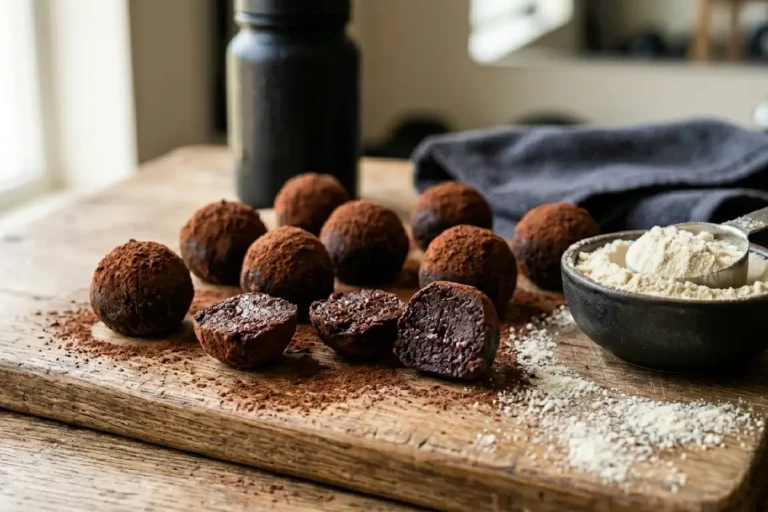 Brigadeiro de whey protein enrolado em cacau em pó com pot de suplemento ao fundo