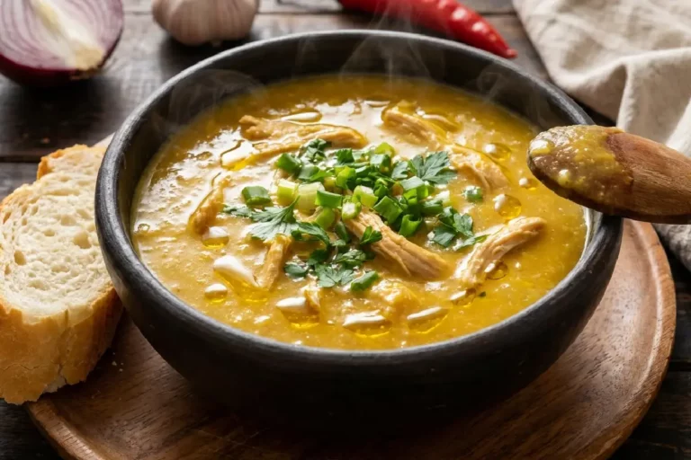 Tigela de cerâmica rústica escura com caldo de mandioca cremoso com frango desfiado em amarelo-dourado intenso, finalizado com cebolinha verde picada e fio de azeite brilhante, com pão francês ao lado sobre tábua de madeira.