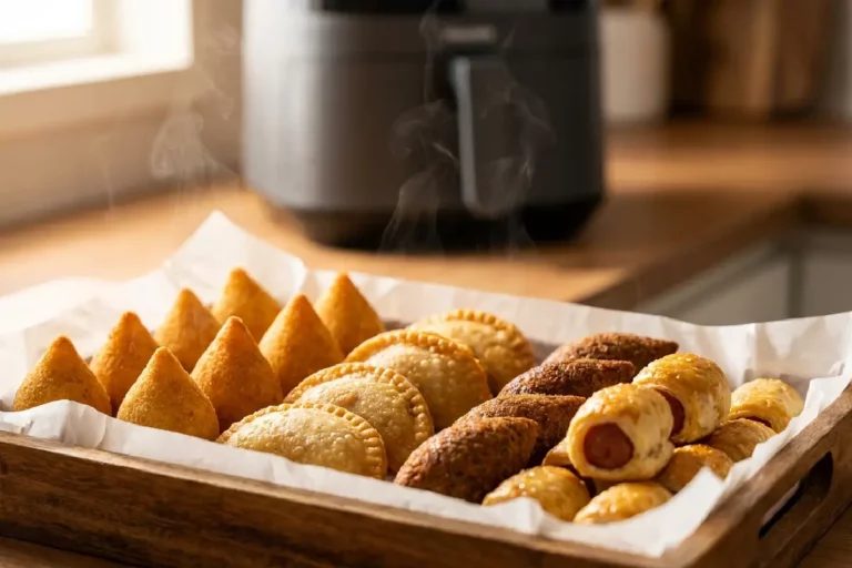 Bandeja com salgados de festa crocantes e dourados reaquecidos na airfryer: coxinha, risole, quibe e enroladinho de salsicha sobre papel toalha