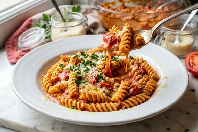 Macarrão cremoso na airfryer com queijo derretido e tomate em refratário