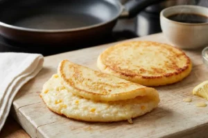 Pão de queijo fit de frigideira sem glúten servido quente e dourado