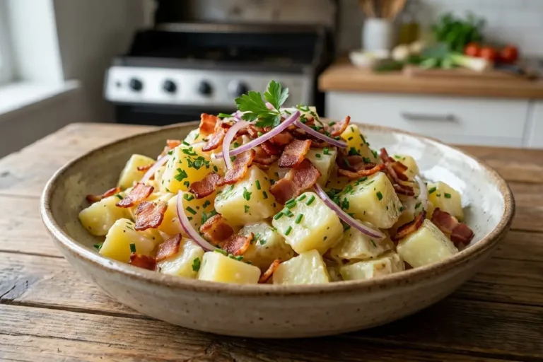 Salada de batata com bacon crocante servida em tigela rústica