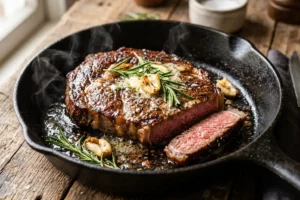 Bife perfeito suculento com crosta dourada na frigideira de ferro