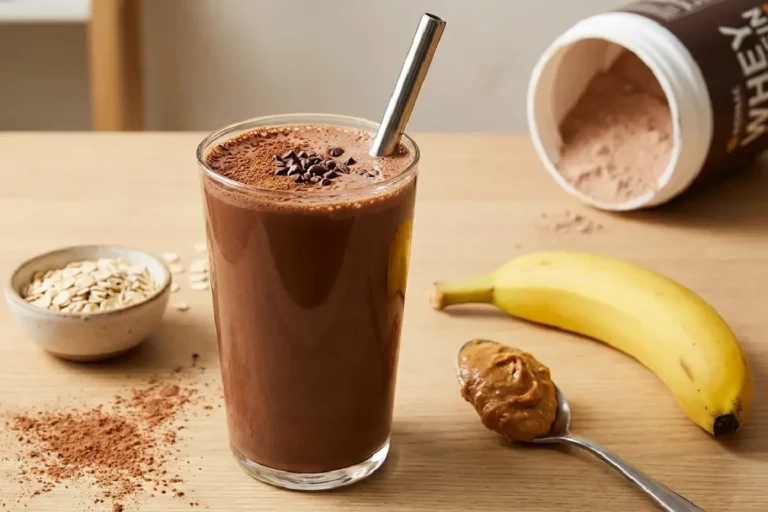 Copo alto de vidro transparente com shake proteico de chocolate espesso e cremoso, decorado com nibs de cacau e canudo de inox, com banana madura e pasta de amendoim ao lado sobre madeira clara.