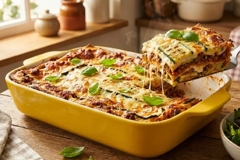 Lasanha de abobrinha com carne moída gratinada e cremosa