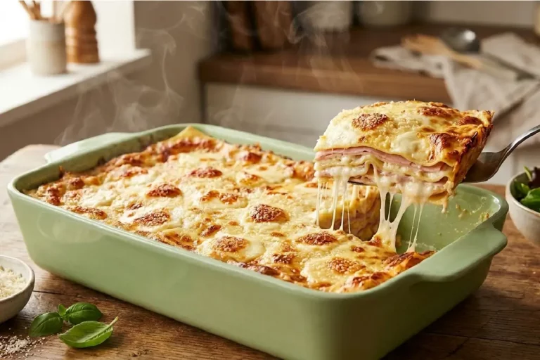 Lasanha de presunto e queijo com molho branco gratinada