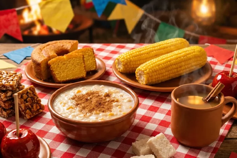 Mesa de festa junina com canjica, bolo de fubá, pamonha, pé-de-moleque, milho cozido e quentão sobre toalha xadrez