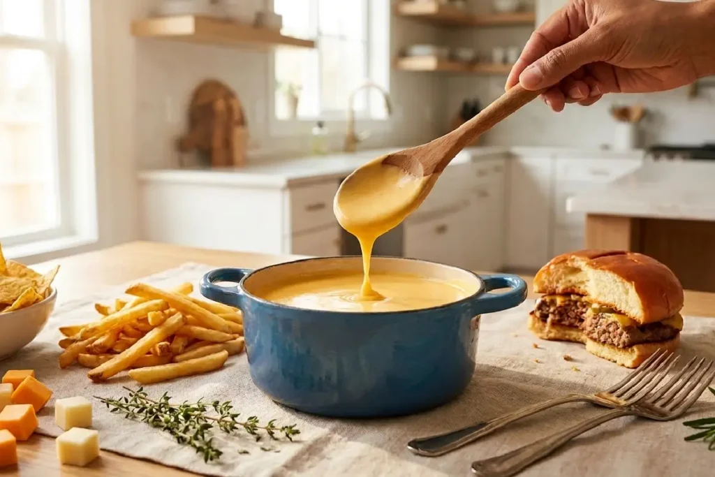 Molho cheddar caseiro cremoso para hambúrguer e batata