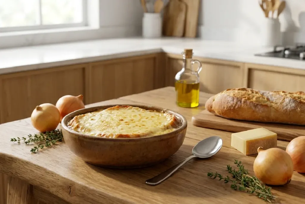Sopa de cebola gratinada com queijo e pão italiano