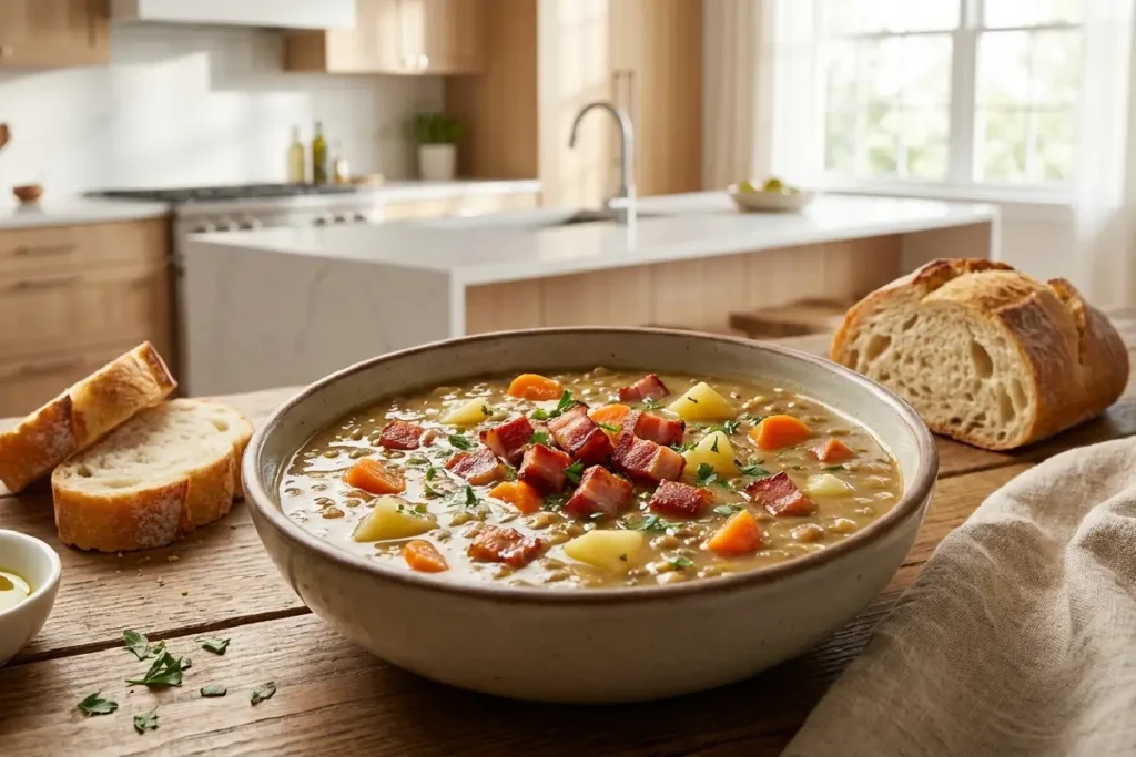 Sopa de lentilha com bacon cremosa