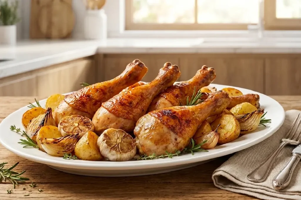 Coxa de frango assada com pele crocante e batatas douradas