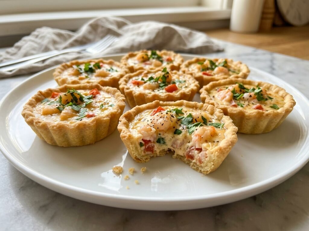 Tortinhas salgadas de camarão com massa amanteigada dourada e recheio cremoso com tomate e salsinha, em prato de porcelana branca