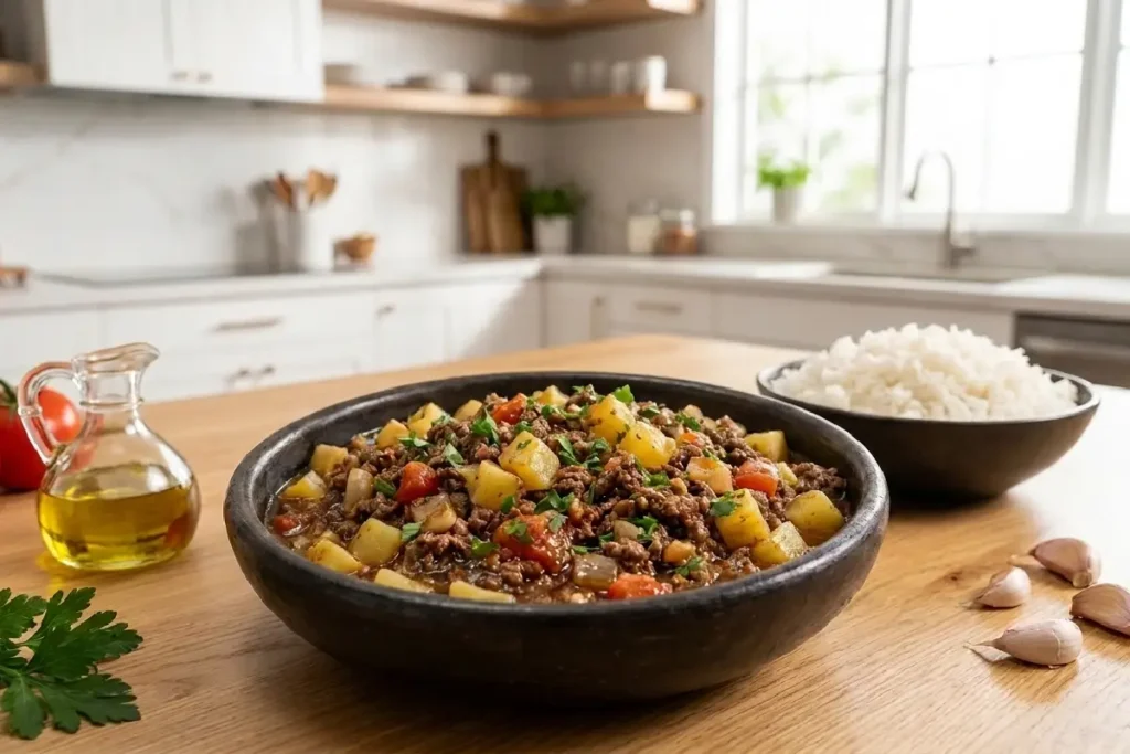Carne moída com batata ao molho servida com arroz branco