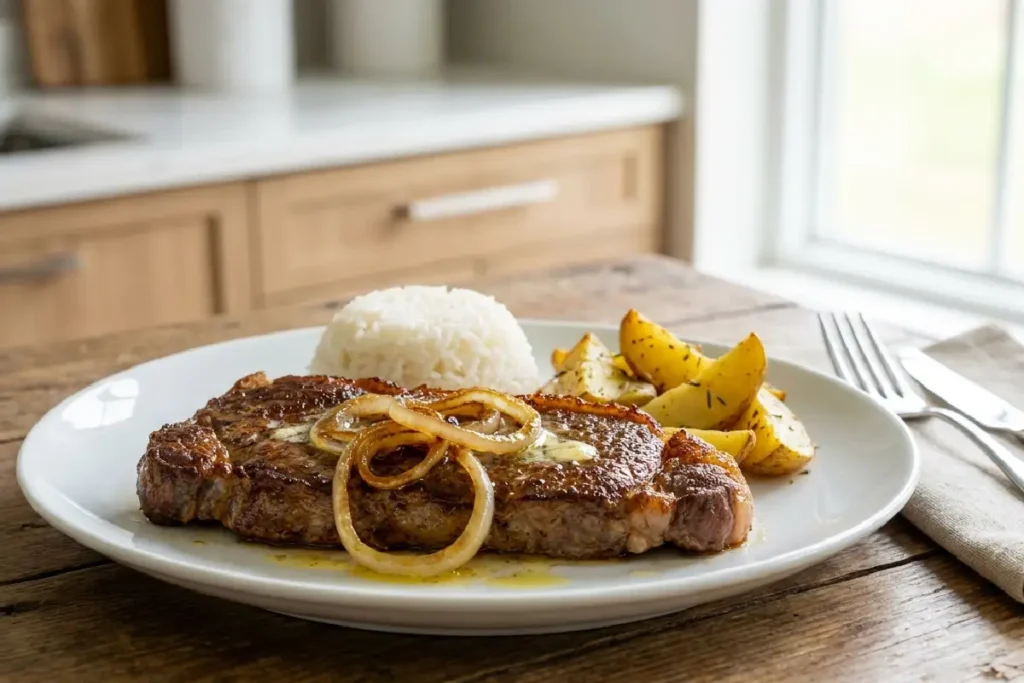 Contrafilé acebolado com cebolas douradas e carne suculenta