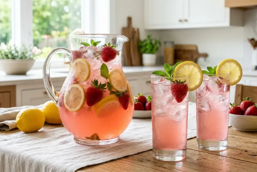 Pink Lemonade refrescante com limão e morangos