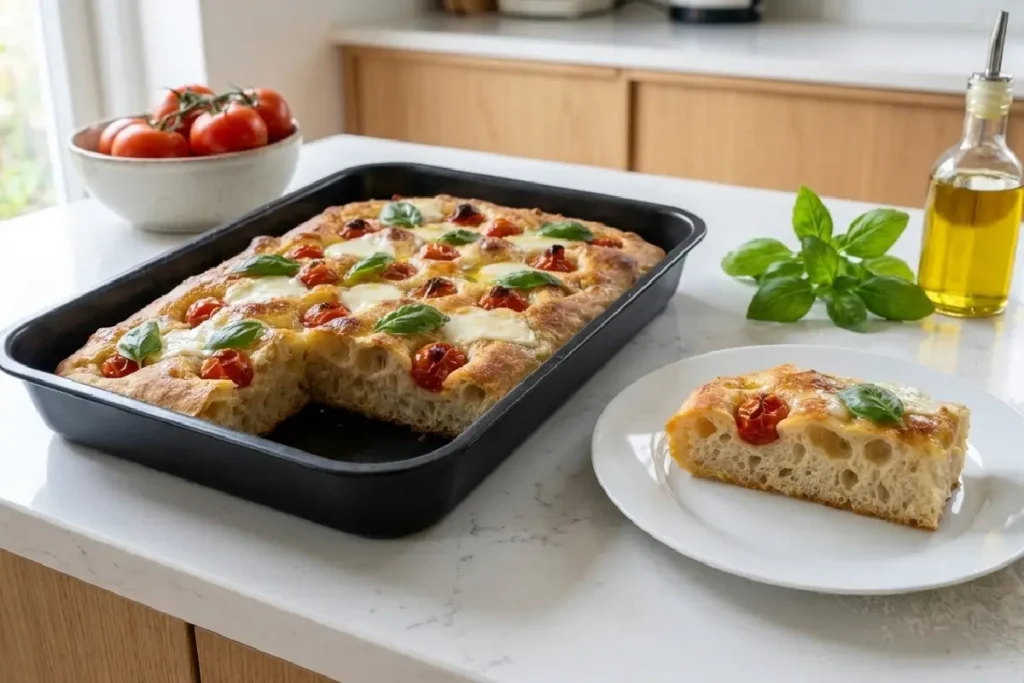 Focaccia caprese artesanal com tomates, muçarela e manjericão