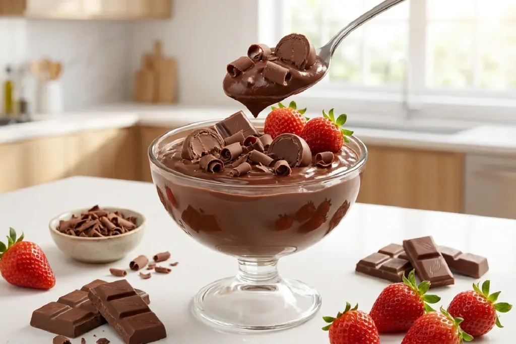 Estrogonofe de chocolate cremoso com bombons e raspas de chocolate