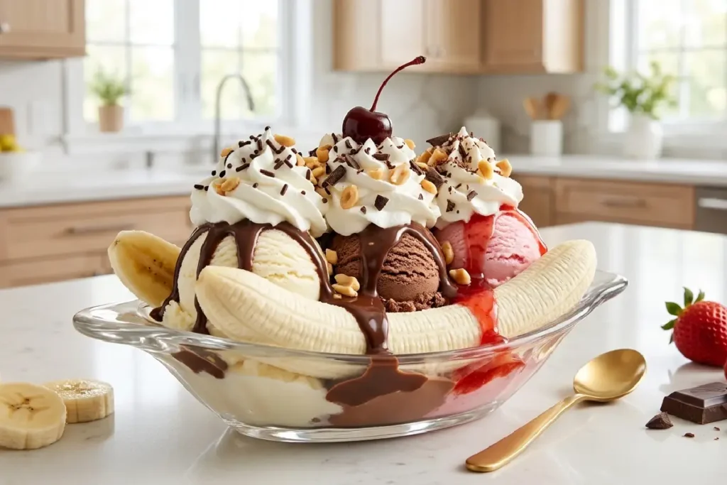 Banana Split clássica com sorvetes e caldas