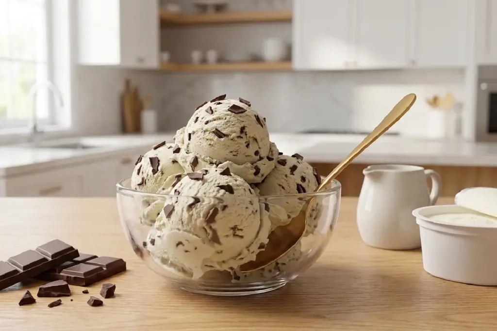 Sorvete de flocos caseiro cremoso com pedaços de chocolate