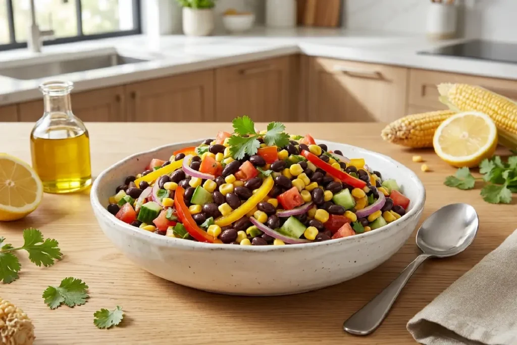 Salada de feijão preto com milho colorida e saudável