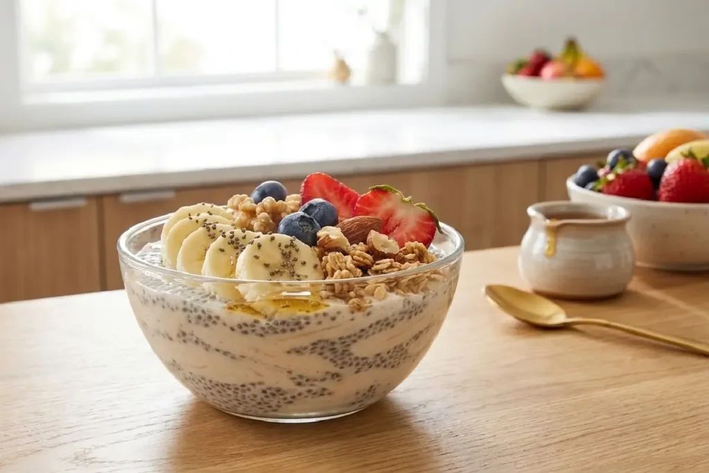 Iogurte com chia, frutas frescas e granola servido em pote de vidro
