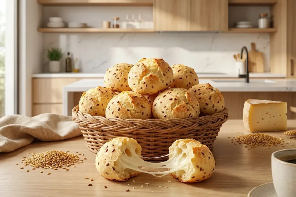 Pão de queijo com linhaça dourado e macio servido em cesta