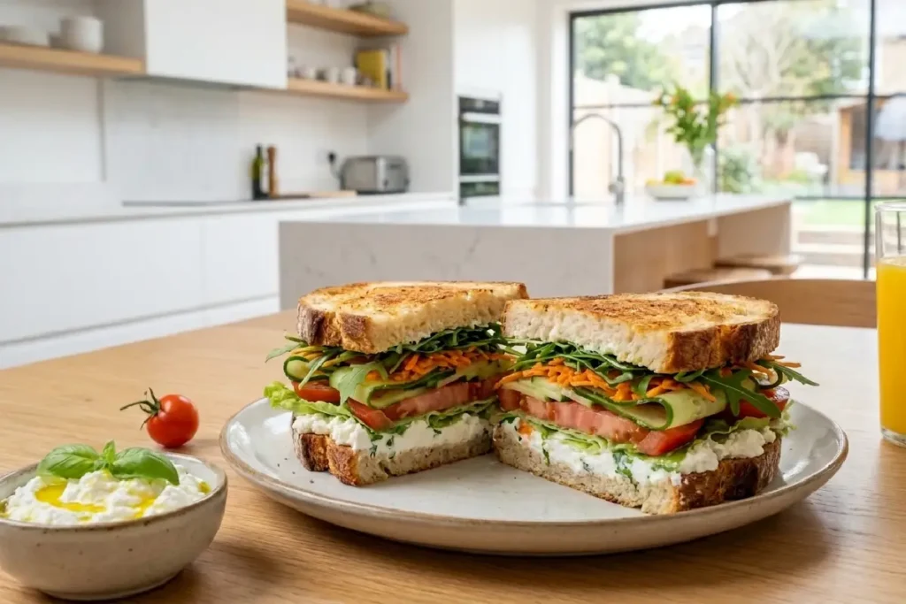 Sanduíche de ricota cremoso com vegetais frescos