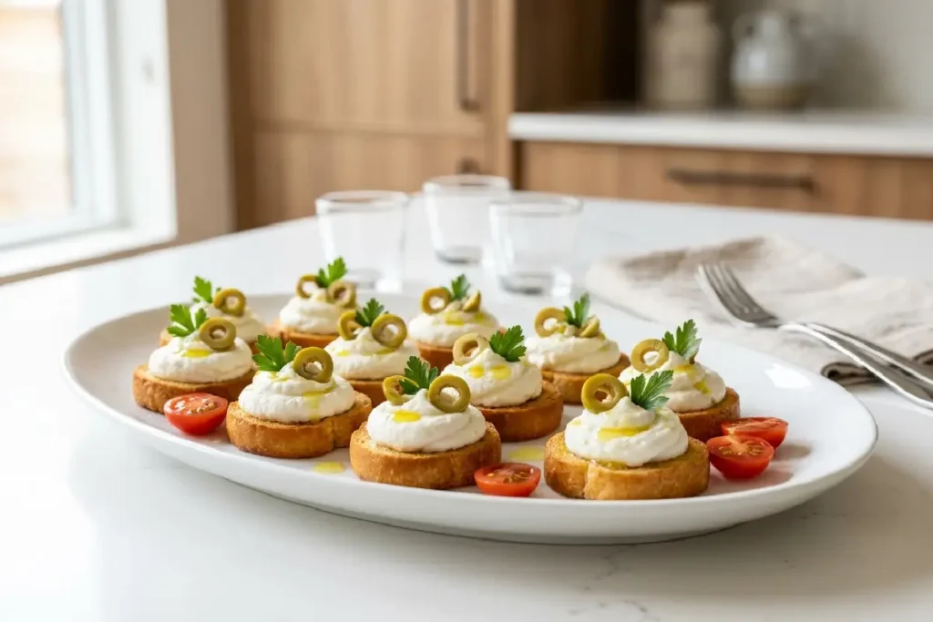 Canapés de ricota com azeitonas servidos em mini torradas crocantes