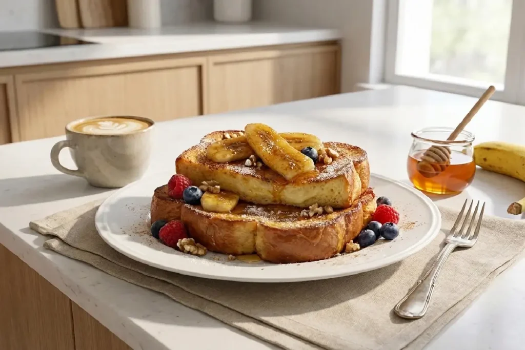 Torrada francesa com banana caramelizada e mel