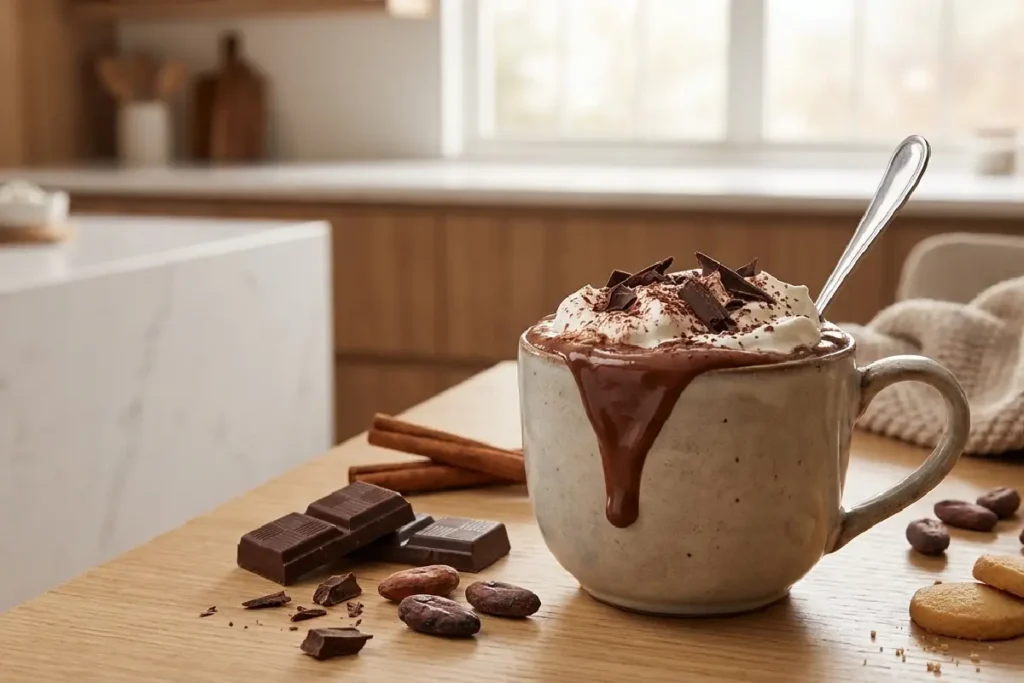 Chocolate quente cremoso servido em caneca com chantilly