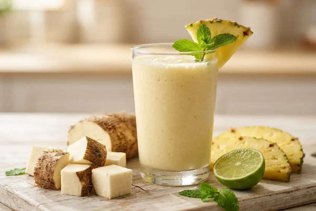 Suco de inhame com abacaxi cremoso no copo, com fatias de abacaxi e cubos de inhame ao lado